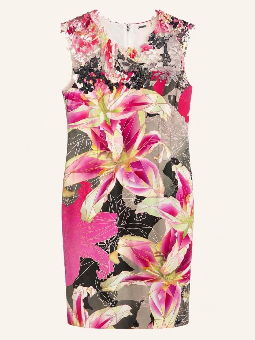 Elie Tahari Pink Floral Sheath Dress with Black & Cream Accents
